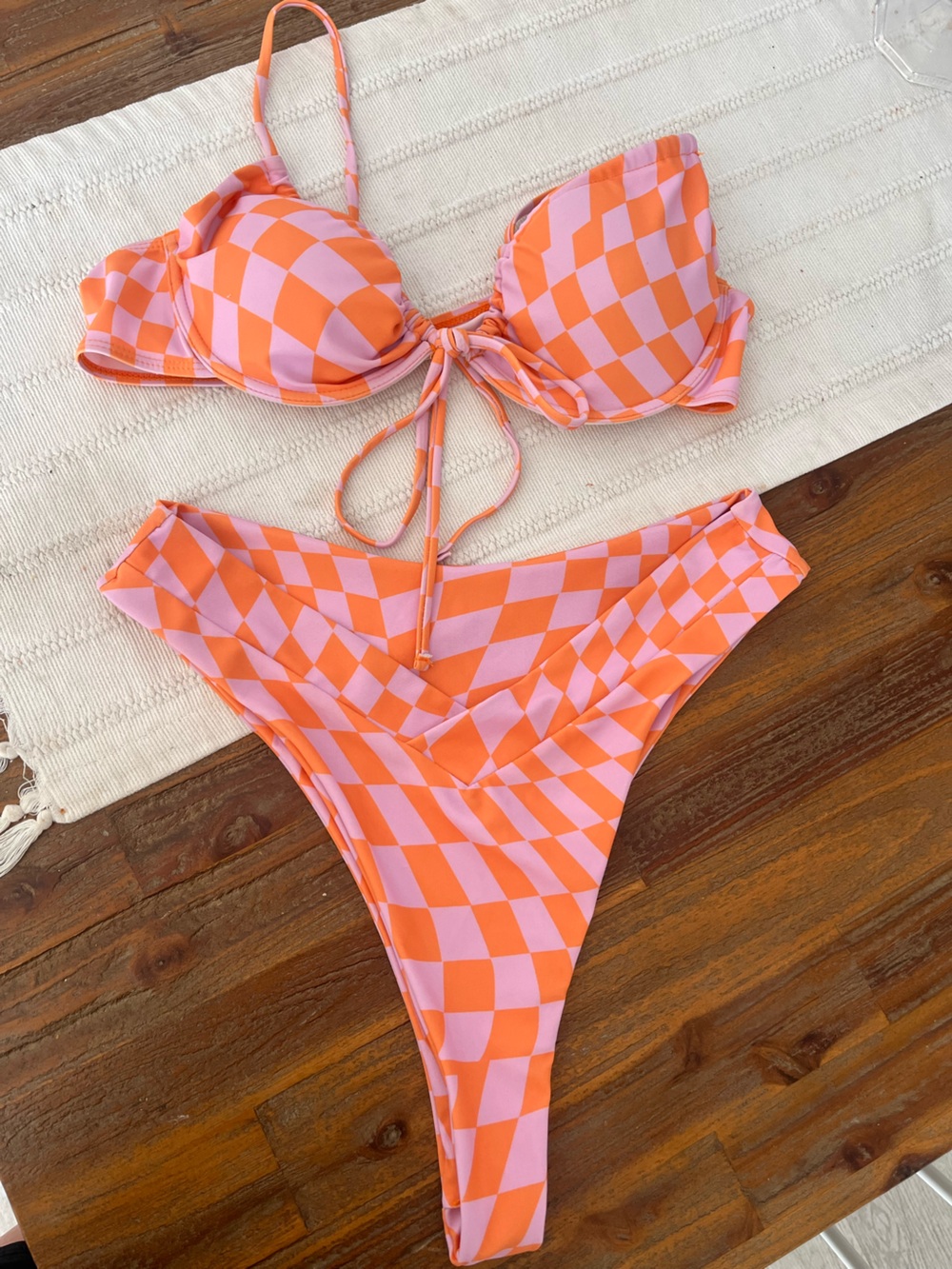 High-Waist Checkerboard Bikini Set in Pink & Orange